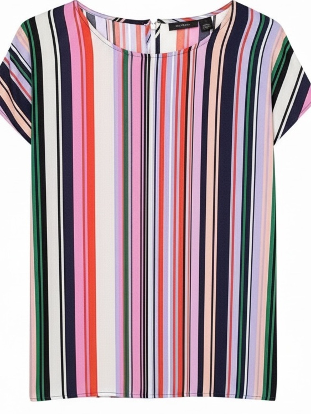 Halogen Multicolor Vibrant Bold Vertical Stripe Short Sleeve Blouse Size L | EUC